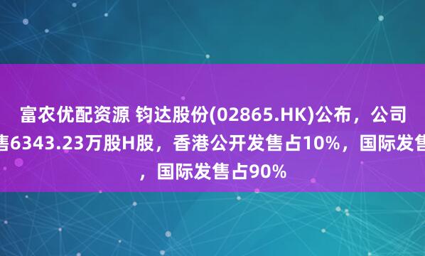富农优配资源 钧达股份(02865.HK)公布，公司全球发售6343.23万股H股，香港公开发售占10%，国际发售占90%